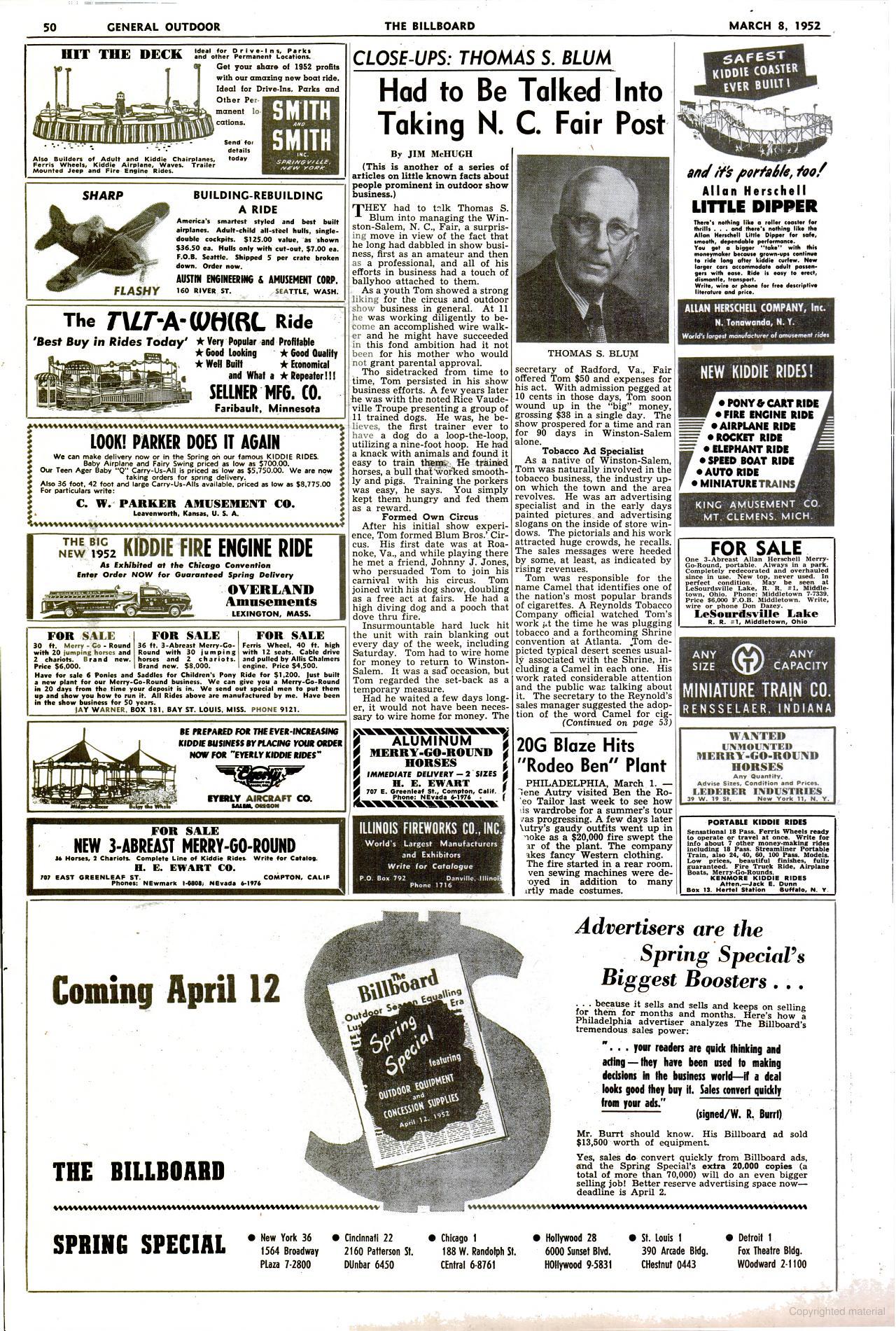 The March 1952 Billboard report on the Philadelphia workshop fire.