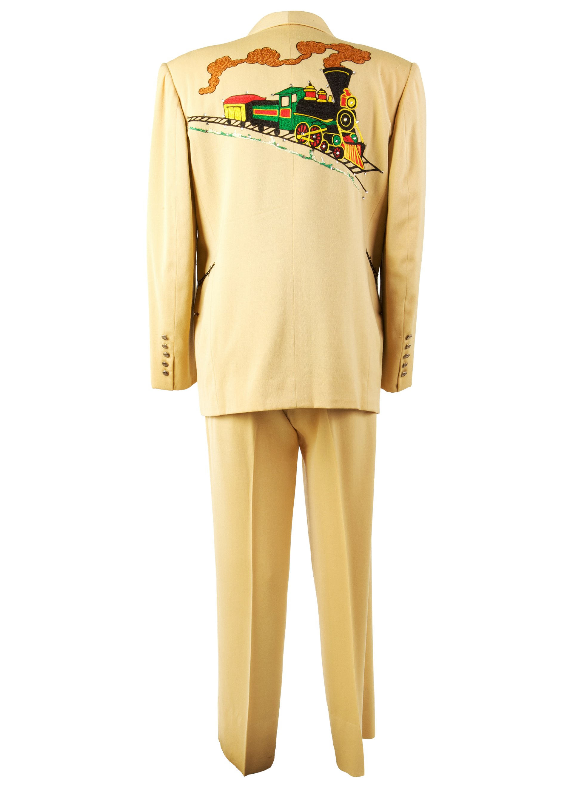 Railroad imagery on a Hank Snow suit in the Hall of Fame exhibition.